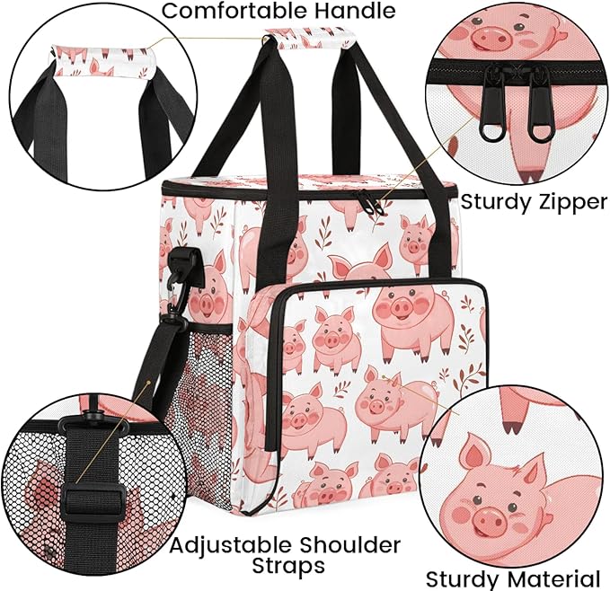 Cute Cartoon Pig Coffee Maker Carring Bag Large Insulated Storage Organizer Case Tote Bags with Shoulder Strap for Travel Work Picnic