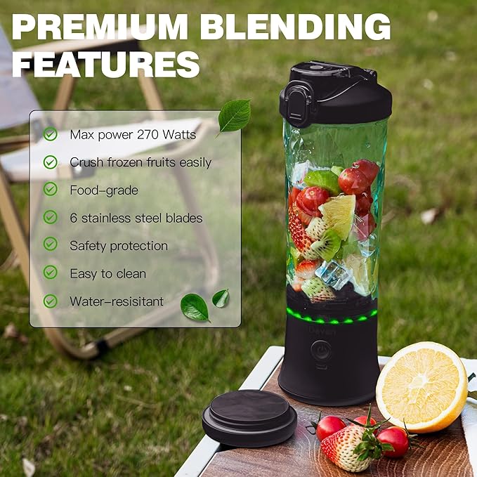Portable Blender Shakes and Smoothies Waterproof 20 oz BPA Free Blender Cup and a Travel Lid. (Black 20 oz)