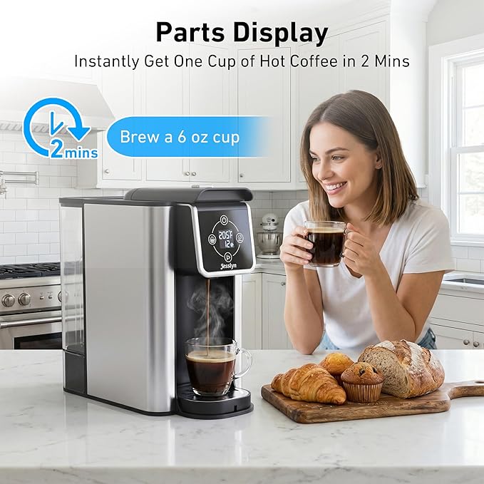 Jesslyn Single Serve Coffee Maker with Bold Setting 52oz Removable Water Tank Compatible with Coffee Pods &amp Grounds 6-14oz Adjustable Brew Sizes Includes Reusable Filter (Black)