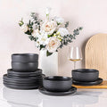 AmorArc Ceramic Dinnerware Sets Wavy Rim Stoneware Plates and Bowls SetsDishwasher &amp Microwave &amp Oven Safe Dishes set Service for 4 (12pc)-Charcoal Matte
