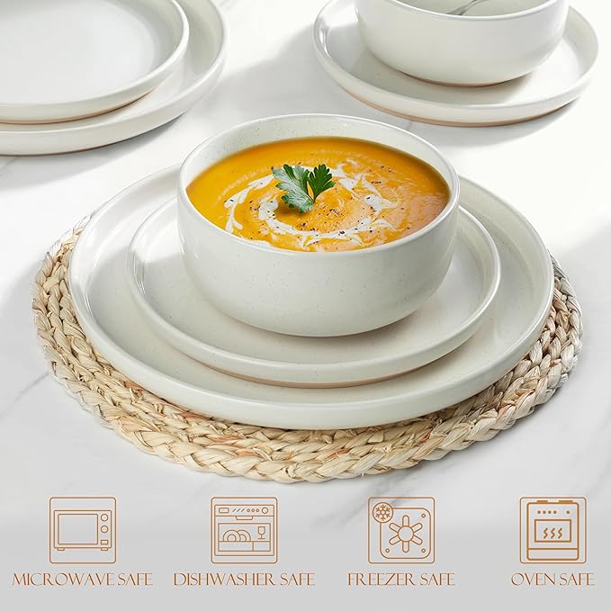 LIANYU Dinnerware Sets 12 Piece Plates and Bowls Set for 4 Ceramic Dishware Dishes Set Scratch Resistant Kitchen and Dining Stoneware Plates Microwave &amp Dishwasher Safe Snowy White