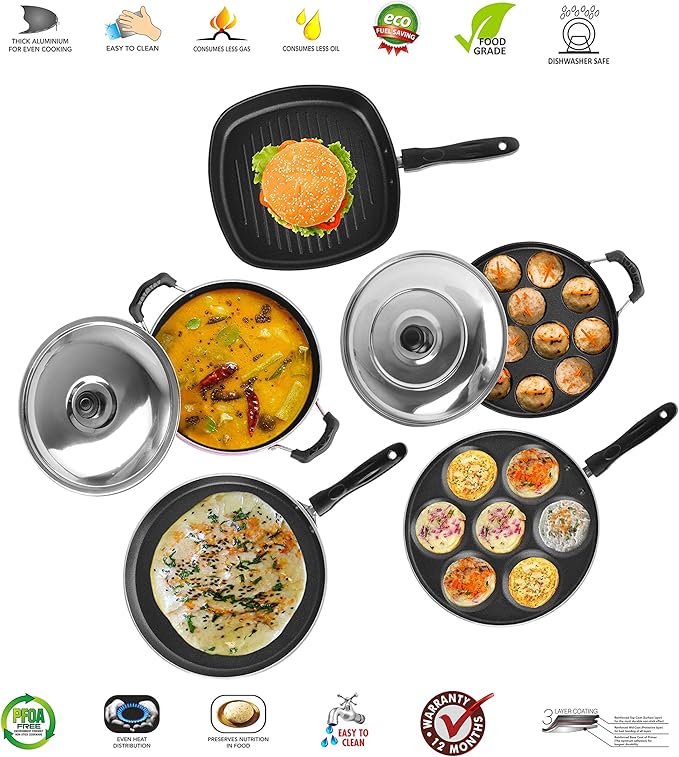 Sumeet 2.6mm Thick Non-Stick Rubrum Cookware set (Dosa Tawa – 26.5cm Dia + Multi snack maker – 26.5cm Dia + Kadhai With Lid – 1.5Ltr + Grill Appam Patra With Lid – 23cm Dia + Grill Pan – 1.1Ltr)