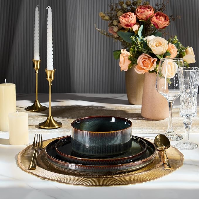 E-far 12-Piece Plates and Bowls Sets Stoneware Dinnerware Dishes Sets for 4 Kitchen Modern Dining Dishware Chip &amp Scratch Resistant Microwave &amp Dishwasher Safe Blackish Green