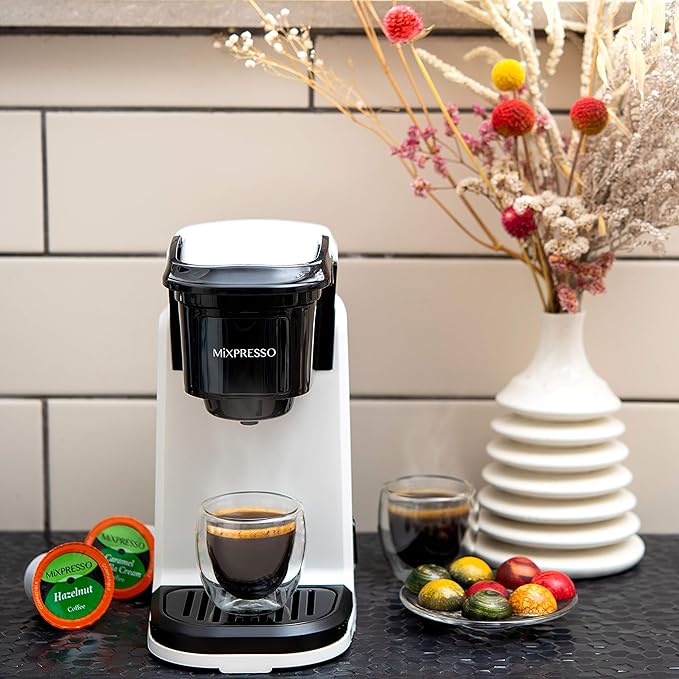 Mixpresso White Single Serve Coffee Maker for K Capsule Compact Mini Coffee Maker 800 Watt Coffee Machine for Pods or Ground Fast Brew Auto Shut Off 12 Oz Brew Size for Travel Office RV and Dorm