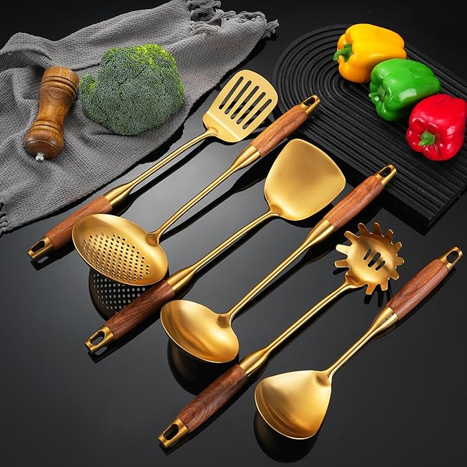 Gold Kitchen Utensils Set with Wooden Handle 6 PCS Professional Stainless Steel Cooking Utensils Set Wok Spatula Ladle Skimmer Slotted Spatula Turner Spaghetti Spoon Large Spoon