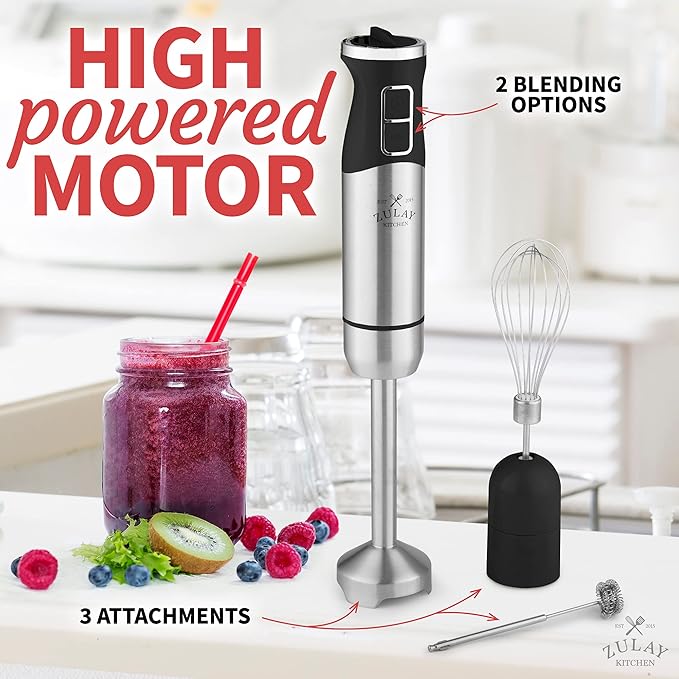 Zulay Immersion Blender Handheld - Durable Stick With Ultra-Sharp Stainless Steel Blades For Effortless Blending - Immersion Blender Set (No Cup) Matte Black)