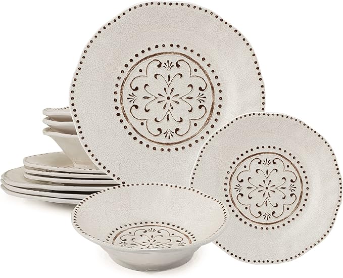 LEHAHA Beaded Crackle 12 Piece Melamine Camping Dinnerware Set Plates and Bowls Sets Indoor and Outdoor Use Break-Resistant Rustic RV Dishes Set Service for 4(Ivory)…