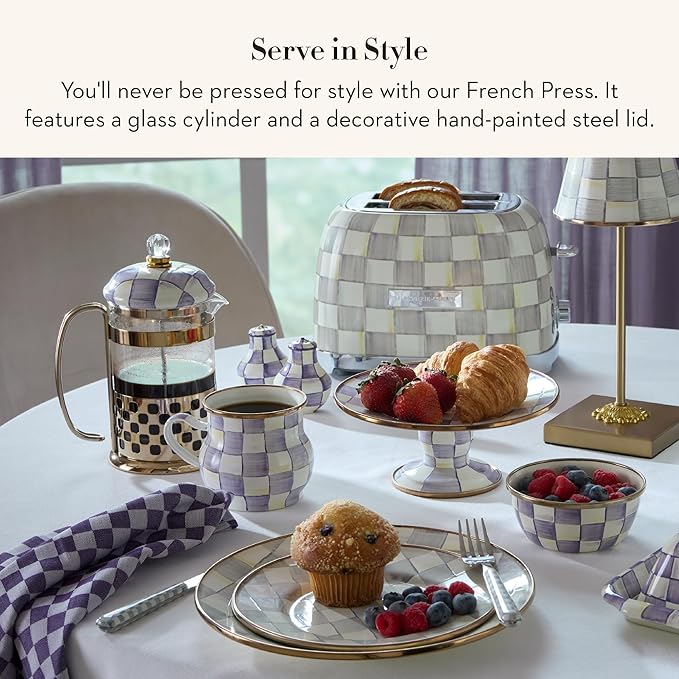 MACKENZIE-CHILDS Coffee French Press Glass French-Press Coffee Maker 32-Ounce Capacity Purple-and-White Violet Check