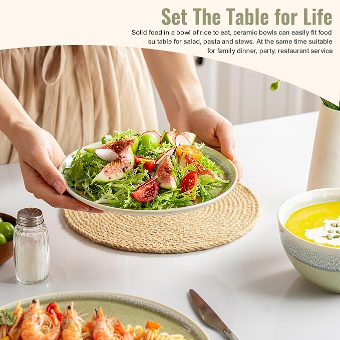Plates and Bowls Sets 12 Pieces Grass Green Dinnerware Sets for Kitchen Reactive Glaze Dishes Set for 4 Dishwasher and Microwave Safe Series Starflecked Shore (Grass Green)