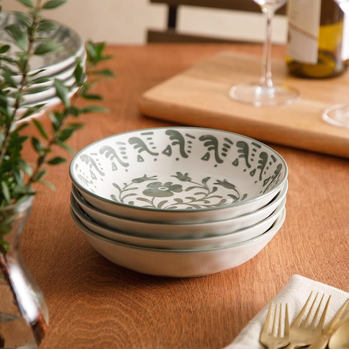 Bloomhouse - 2-Time Oprah’s Favorite Things - Valencia Flor 4 Piece Dinner Bowl Set 8” Stoneware Pasta Bowls Mediterranean Floral Decal Design Microwave &amp Dishwasher Safe Fern Green