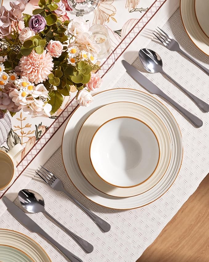 Famiware Jupiter Stoneware Dinnerware Sets Handcrafted Plates and Bowls with Embossed Swirl &amp Speckles Pink - Chip &amp Scratch Resistant Dishwasher &amp Microwave Safe Modern Dishes for 4 (1