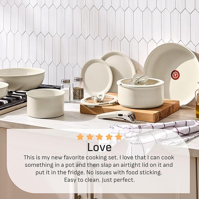 T-fal Ingenio Essentials Cookware Set with Detachable/Removable Handle 11 Piece Granite Titanium Non Stick Oven Broiler Safe 500F Stackable Pots and Pans Set Frying Pans Dishwasher Safe Beige