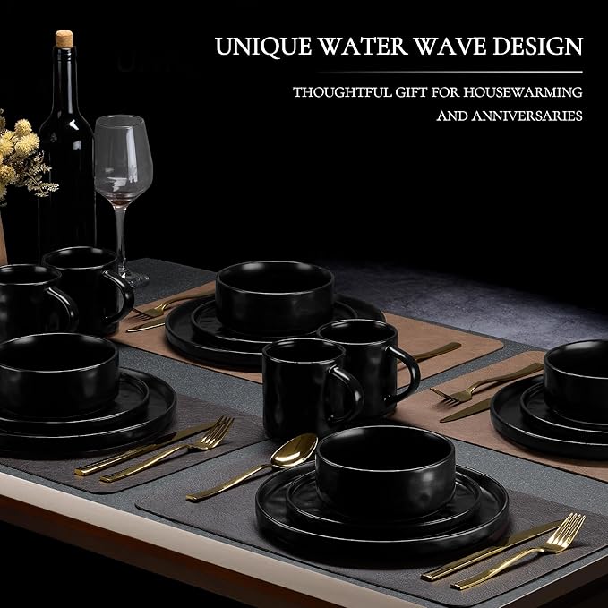 Vesteel 16-Piece Dinnerware Sets Stoneware Dish and Bowls Set for 4 Handmade Reactive Glaze Coupe Plates Set Chip &amp Scratch Resistant - Matte Black