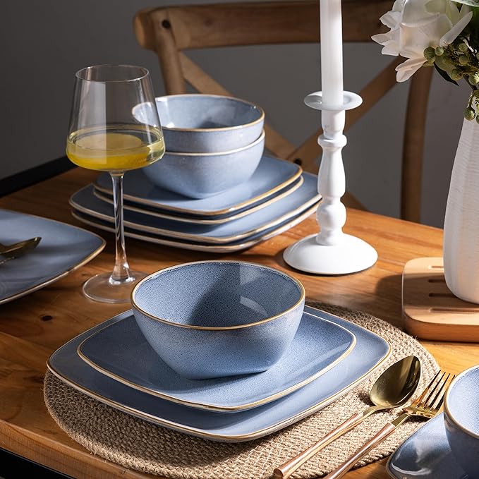 AmorArc Ceramic Dinnerware Sets for 4 12 Pieces Square Handpainted Plates and Bowls Set Chip and Scratch Resistant Stoneware Dishes Set Dishwasher &amp Microwave Safe Reactive Blue