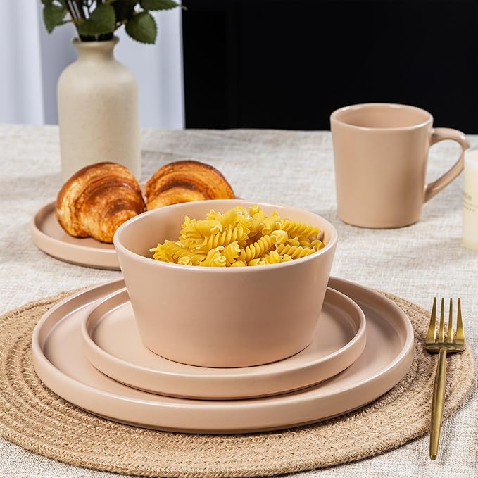 Plates and Bowls Sets for 4 - CJDC-QUELO 16 Piece Stoneware Dinnerware Sets with Mugs Ceramic Dishware Sets for Kitchen Dining Use Chip and Scratch Resistant Microwave Dishwasher Safe Brown