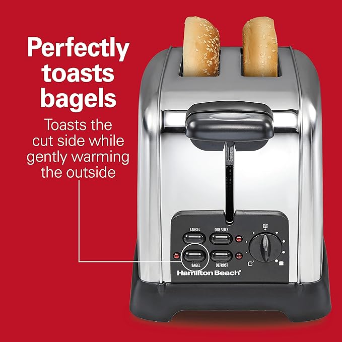 Hamilton Beach Retro Toaster with Wide Slots Sure-Toast Technology Bagel &amp Defrost Settings Auto Boost to Lift Smaller Breads 2 Slice Polished Stainless Steel (22782)