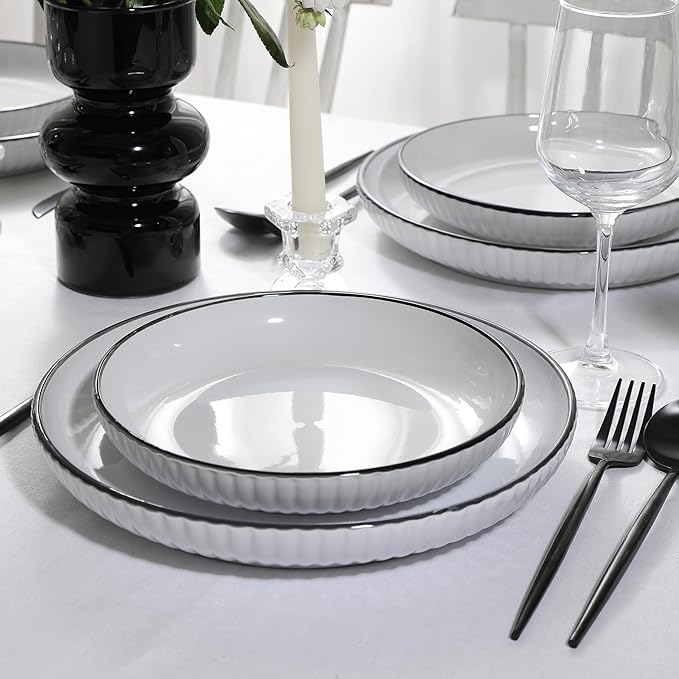 Christian Siriano Lustra Modern 16-Piece Stoneware Dinnerware Set Plates and Bowls Set Dinner and Salad Plates Ramen Bowls Dishes for 4 White