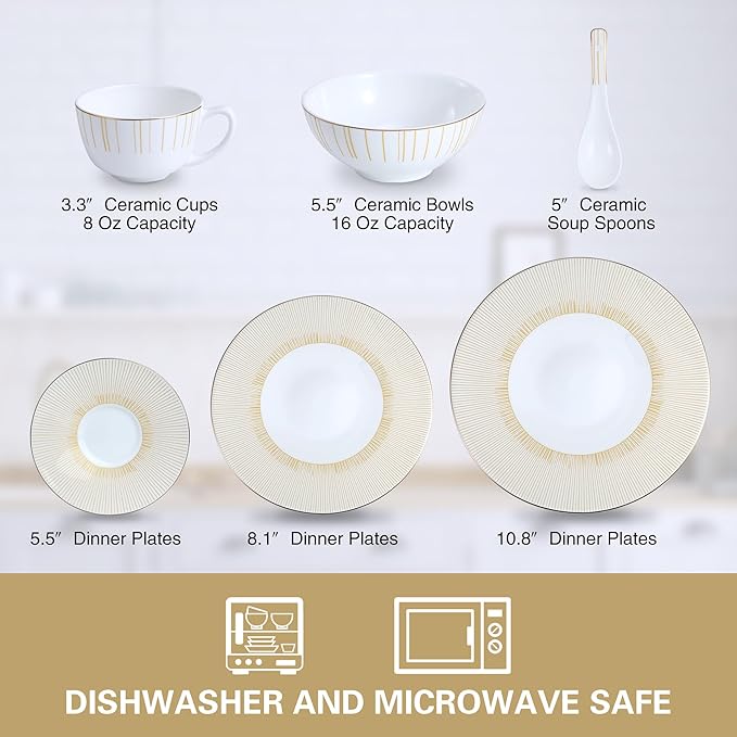 24 Piece White Porcelain Dinnerware Set for 4 Sunburst Design Plates and Bowls Sets with Gold RimHighly Chip and Crack Resistant | Dishwasher Safe Dishes Set