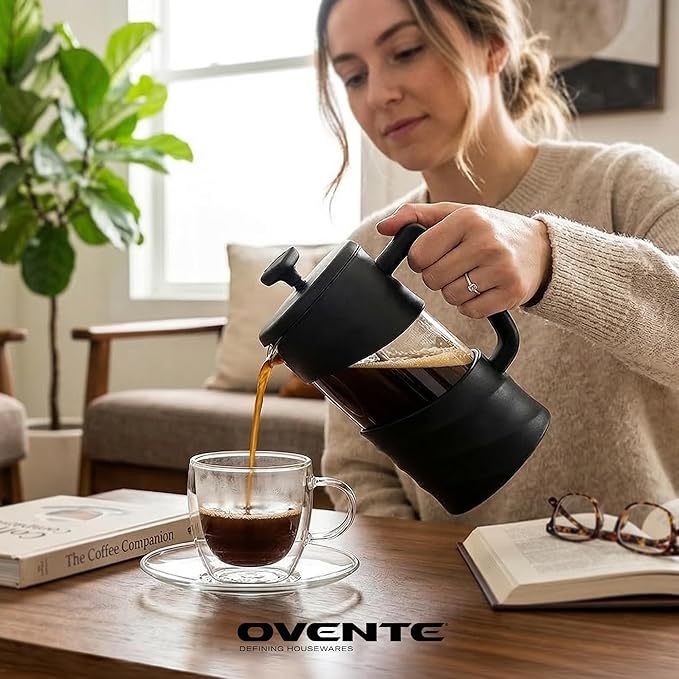 OVENTE French Press Coffee Maker 34 Ounce with Heat Resistant Borosilicate Glass &amp Stainless Steel 4-Level Filtration System Portable Cold Brew Coffee Maker for Travel Camping or Gift Black FPW