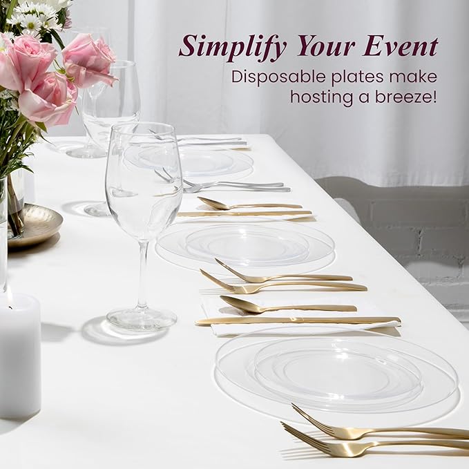 Aya's Cutlery Kingdom 100 Clear Plastic Plates for Party - Heavy Duty Disposable Set of 50 Dinner and 50 Dessert Plates - Elegant Plastic Disposable Plate for Weddings Parties and Special Events