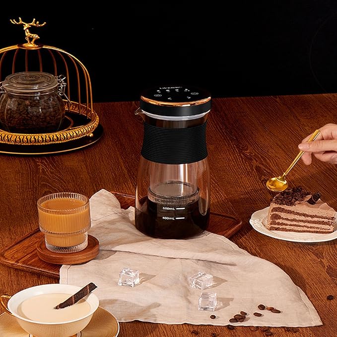 Electric Cold Brew Coffee Maker Iced Tea &amp Coffee Maker 10-minute Rapid Extraction 600 ml Glass Coffee Pot 4 Brewing Strength Settings Wireless Charging Portable &amp Convenient