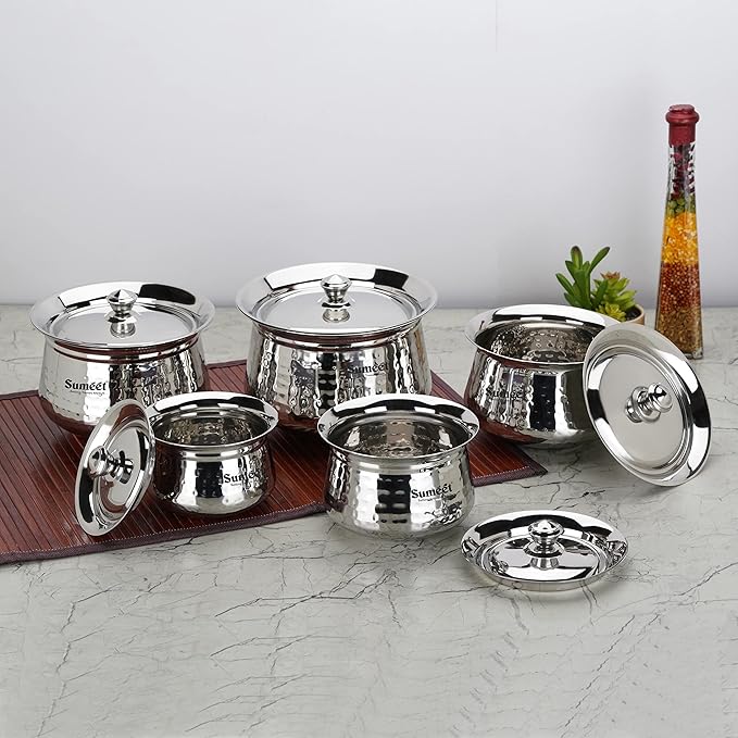 Sumeet Stainless Steel Handcrafted Hammered Texture Handi Set with Lid for Kitchen Set of 5 460ml 650ml 950ml 1300ml &amp 1700ml Silver
