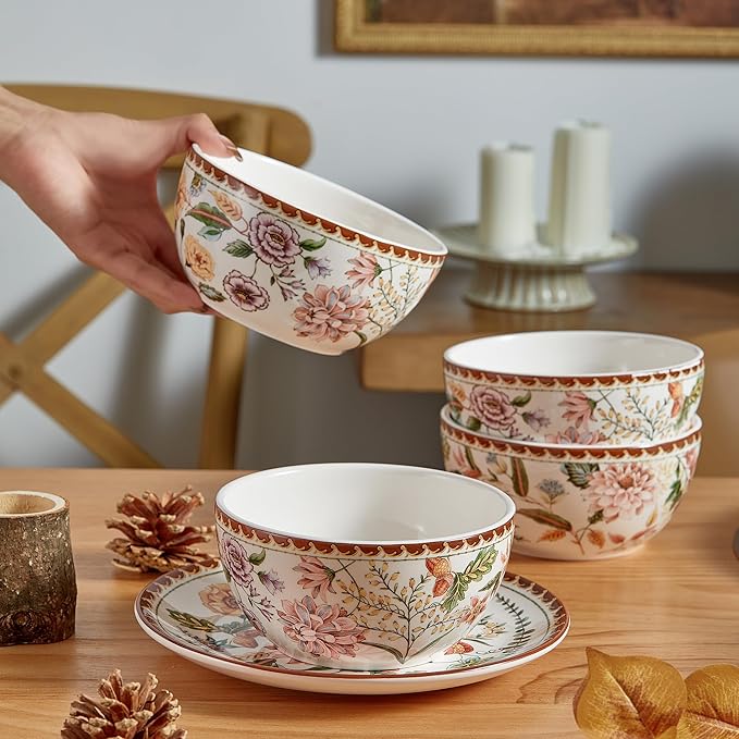 Bico Blooming Moment Ceramic 12 pcs Dinnerware Set Service for 4 Inclusive of 11 inch Dinner Plates 8.75 inch Salad Plates and 26oz Cereal Bowls for Party Microwave &amp Dishwasher Safe