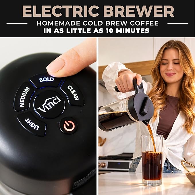 VINCI Express Cold Brew Electric Cold Brew Coffee Maker in 10 Minutes Glass Carafe 3 Brew Strength Settings &amp Cleaning Cycle Easy to Use &amp Clean 1.4 Liters Push Button Control
