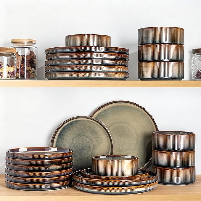 TheTerra Ceramic Dinnerware Sets for 8 24 Pieces Porcelain Lightweight Speckled Plates and Bowls Sets Scratch Resistant Dish Set Oven &amp Microwave &amp Dishwasher Safe Coca Mocha