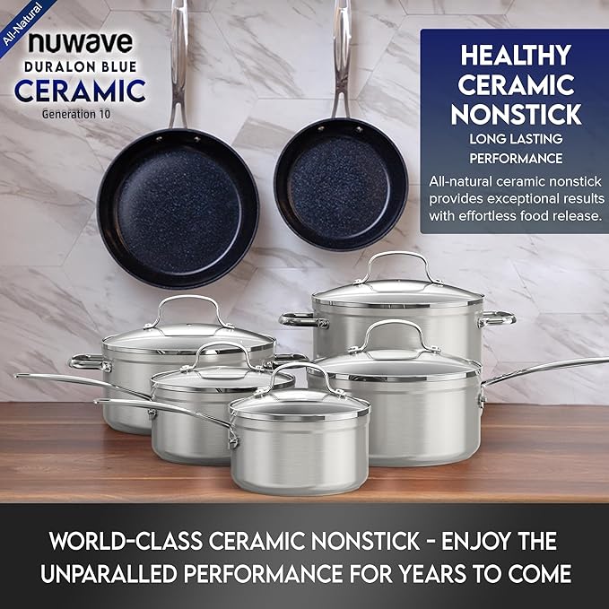 Nuwave Healthy Duralon Blue Ceramic Nonstick Cookware Set Diamond Infused Scratch-Resistant PFAS Free Dishwasher &amp Oven Safe Induction Ready &amp Evenly Heats Tempered Glass Lids &amp Stay-
