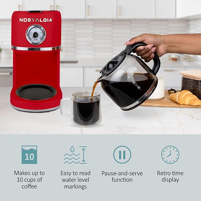 Nostalgia Classic Retro 10 Cup Coffee Maker - One-Touch Drip Brew Reusable Filter - Anti-Drip Auto Shutoff &amp Time Display - Dishwasher Safe 50 oz Carafe - Red