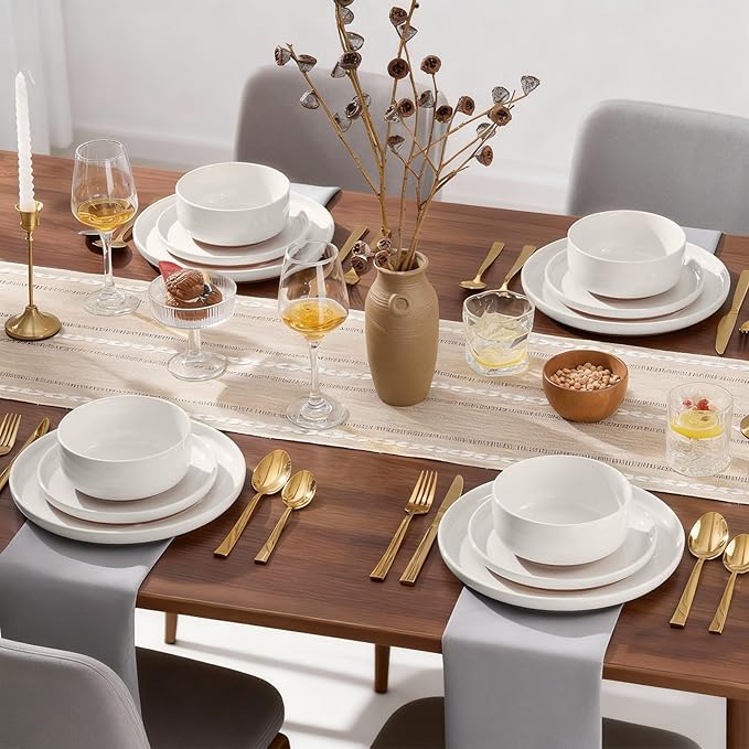 E-far 18-Piece Stoneware Dinnerware Sets Plates and Bowls Sets for 6 Ceramic Dishware Dishes Set with Terracotta Base Chip &amp Scratch Resistant Microwave &amp Dishwasher Safe Speckled White