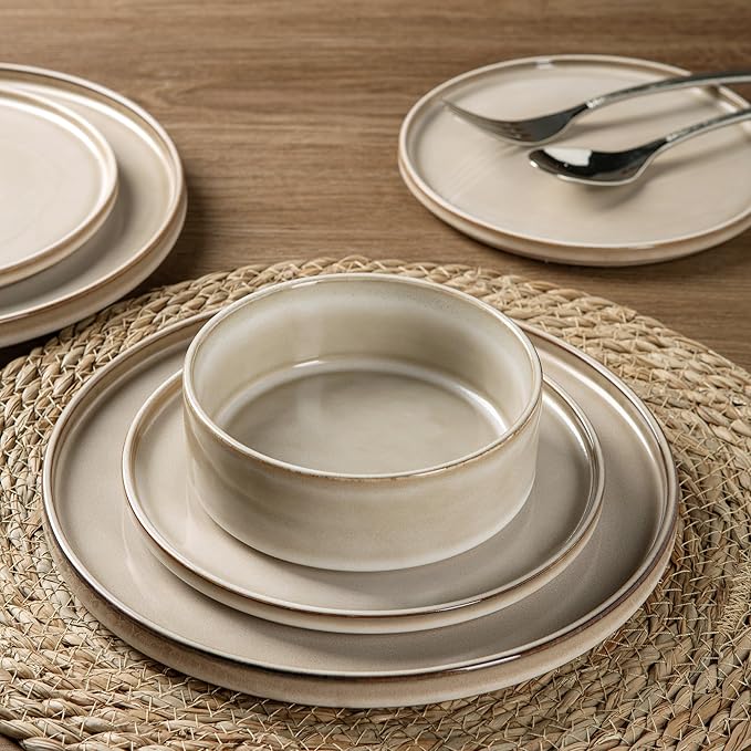 AmorArc Ceramic Dinnerware Sets with Pasta Bowl Handmade Reactive Glaze Plates and Bowls SetsHighly Chip and Crack Resistant | Dishwasher &amp Microwave Safe Dishes Set Service for 4 (16pc)