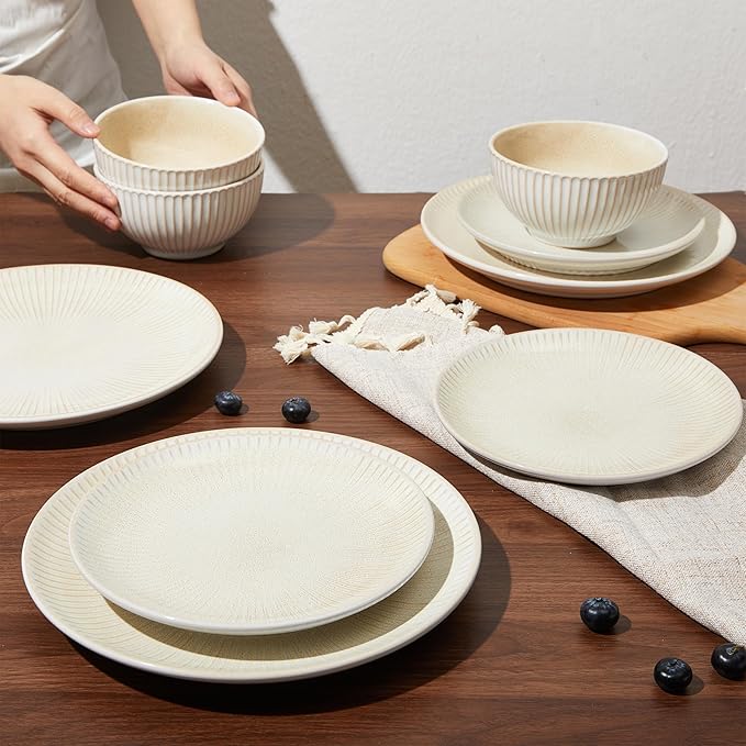 Ceramic Dinnerware Sets for 4 12 Pieces Embossed Stoneware Plates and Bowls Sets Scratch Resistant Dish Sets Distinctive Granulated Surface Housewarming Wedding Gift Brown
