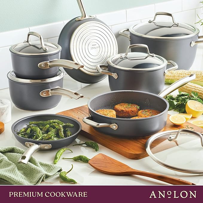 Anolon Accolade Forged Hard Anodized Nonstick Pots &amp Pans - Induction Cookware Set - 12 Piece - Moonstone Gray