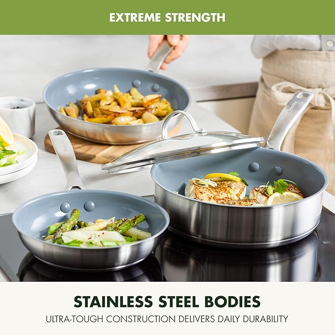 GreenPan Treviso 10 Piece Cookware Set Non-Toxic PFAS-Free Stainless Steel Ceramic Nonstick Coating Induction Suitable Pots Pans Lids Sauté &amp Saucepans Multi Clad Dishwasher &amp Oven Safe