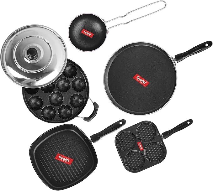 Sumeet 2.6mm Thick Non-Stick Beet Cookware set (Dosa Tawa – 26.5cm Dia + Multi snack maker – 26.5cm Dia + Grill Pan – 1.1Ltr + Grill Appam Patra With Lid – 23cm Dia + Tadka Pan – 10cm Dia)