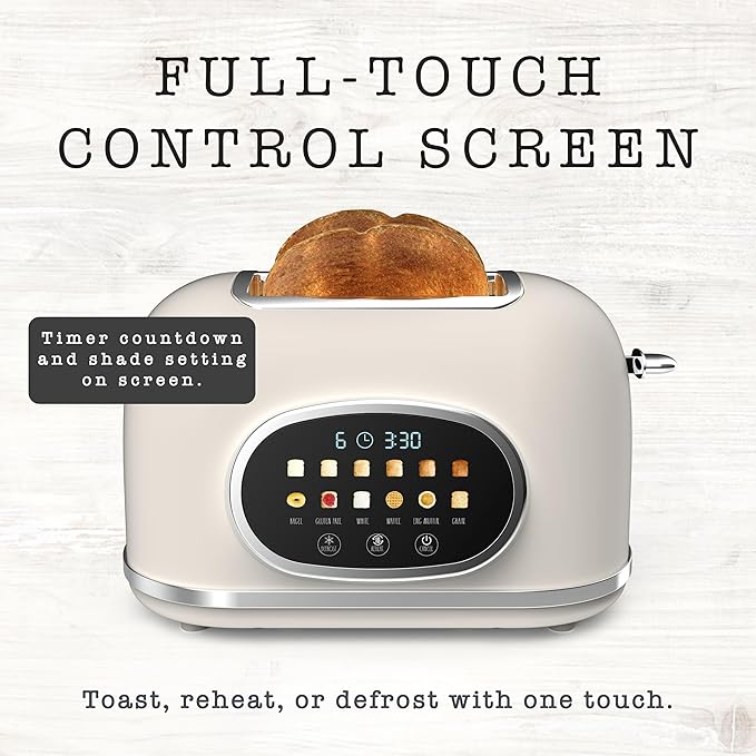 Rae Dunn Retro Digital Electric Toaster 2 Slice Stainless Steel Toaster With Touchscreen Countdown Timer 6 Shade Settings Wide Slots High Lift Lever Bagel Defrost &amp Reheat Digital Cream