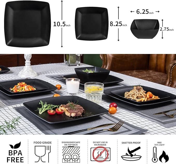 Melamine 12pcs Classic Square Dinnerware Set Concise Plates and Bowls Set Service for 4 Dishwasher Safe Black