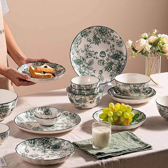 56 Piece Ceramic Dinnerware Set Microwave &amp Dishwasher Safe Plates and plates and bowls setss Sets with Green Rose Pattern Porcelain Dishware Sets for Kitchen &amp Dining