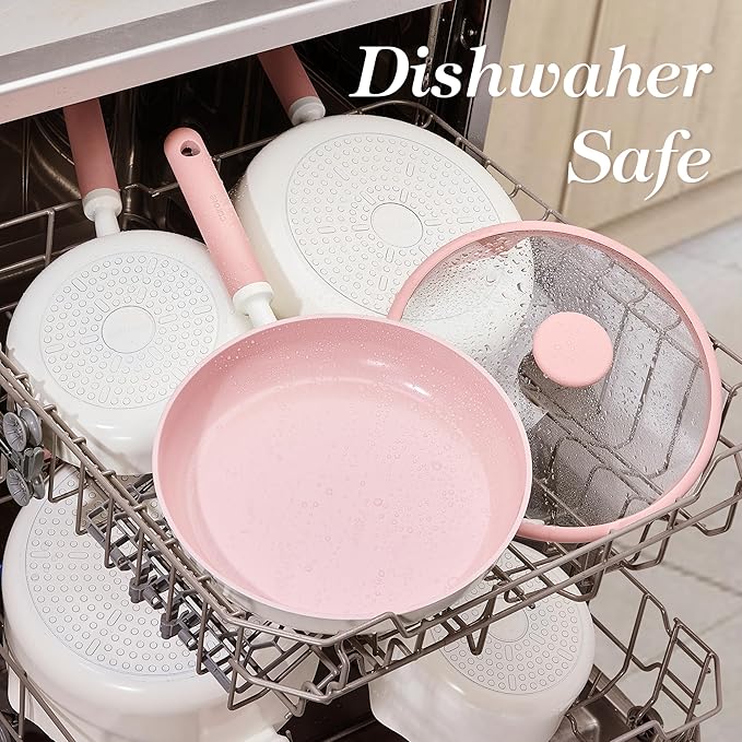 CAROTE Ceramic Cookware Set Nonstick 15pcs Pots and Pans Set Non stick Non Toxic CookwareDishwasherRV/Camping Cookware Set Pan and Pot with Kitchen Utensils Pink