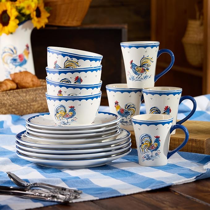 French Rooster Ceramic 16‑Piece DINNERWARE SETSERVICE for FOUR with dinner plates salad plates mugs and ice cream bowls featuring classic blue and multicolor rooster motifs