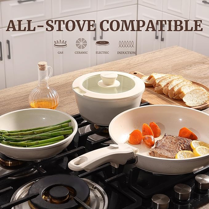 8pcs Ceramic Pots and Pans Set Non Stick Cookware Set Detachable Handle Cookware Induction Kitchen Cooking Set with Removable HandleOven Safe Induction Fast Stackable Cookware Set