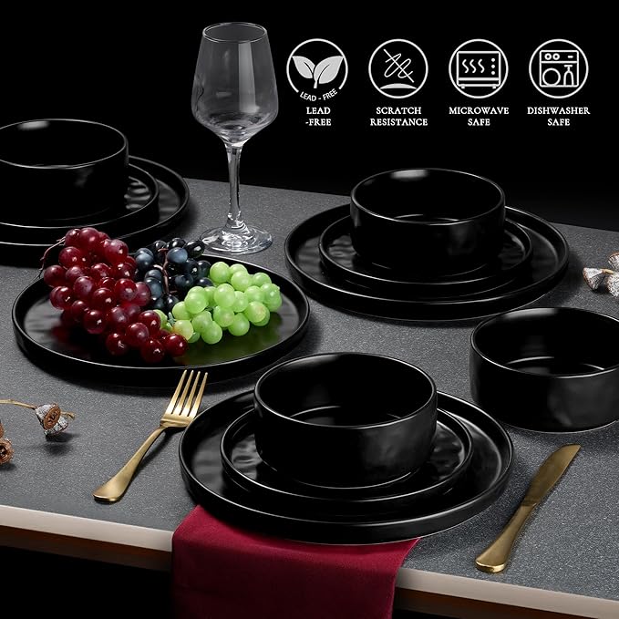 Vesteel 16-Piece Dinnerware Sets Stoneware Dish and Bowls Set for 4 Handmade Reactive Glaze Coupe Plates Set Chip &amp Scratch Resistant - Matte Black