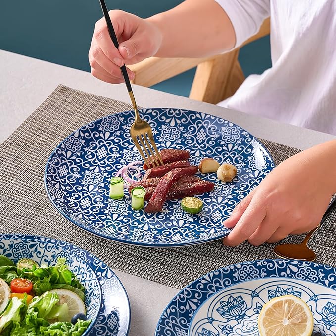 Bestone Porcelain Dinnerware Sets Service for 4 12 pcs Hand drawn Plates and Bowls Sets Handmade Ceramic Dish Set Chip Resistant Modern Plate Set Dishwasher/Microwave SafeVintage Blue