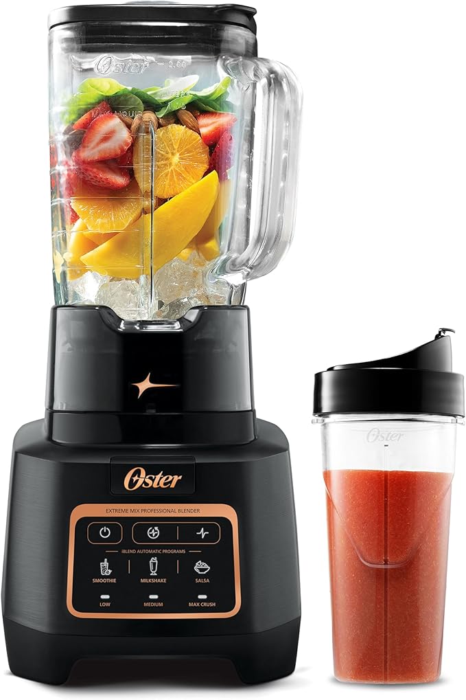 Oster Extreme Mix Blender 64oz Glass Jar 3 iBlend Preset Functions 1600-Watts 10-Point Blade Stack with Titanium Coating &amp 24oz Blend-N-Go Cup