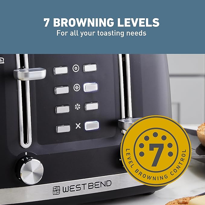 West Bend Toaster 4-Slice Extra-Wide and Deep Slots with 3 Functions and 7 Shade Settings Manual Toast Lift Lever Auto Shut-Off and Removable Crumb Tray 1500-Watts Black