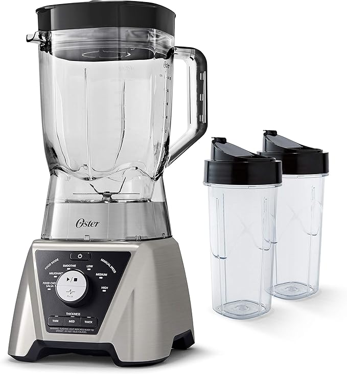 Oster Pro Smoothie Blender with Texture Select Countertop Blender with Tritan Jar &amp 2 To-Go Cups Brushed Nickel