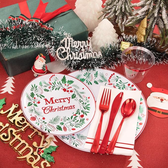 bUCLA 175PCS Christmas Plates Dinnerware Set - Green and Red Christmas Plastic Plates and Napkins Disposable Include 25 Dinner Plates25 Dessert Plates75 Cutlery25 Cups&amp25 Napkins