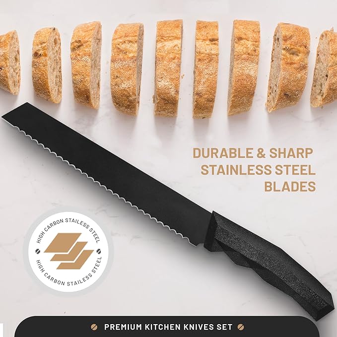 DFACKTO 15 Piece Matte Black Chef Knife Set with Sharpener and Block Modern Non-Slip Ergo Composite Handle Sharp Full-Tang High-Carbon Stainless Steel Blades Knives for kitchen